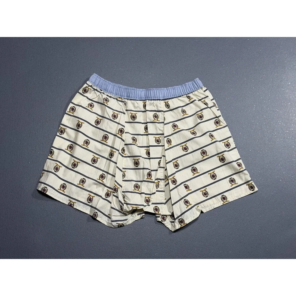 NWT Vtg 90s Tommy Hilfiger Crest Boxers Large Cream Stripe Cotton Lounge Shorts